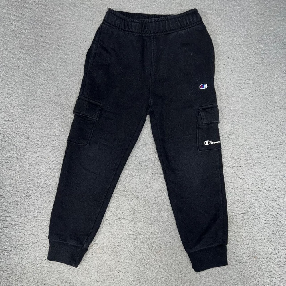 VTG Champion Sweatpants Youth Sz 4 Black Cargo Pockets Logo Patch Tapered Jogger